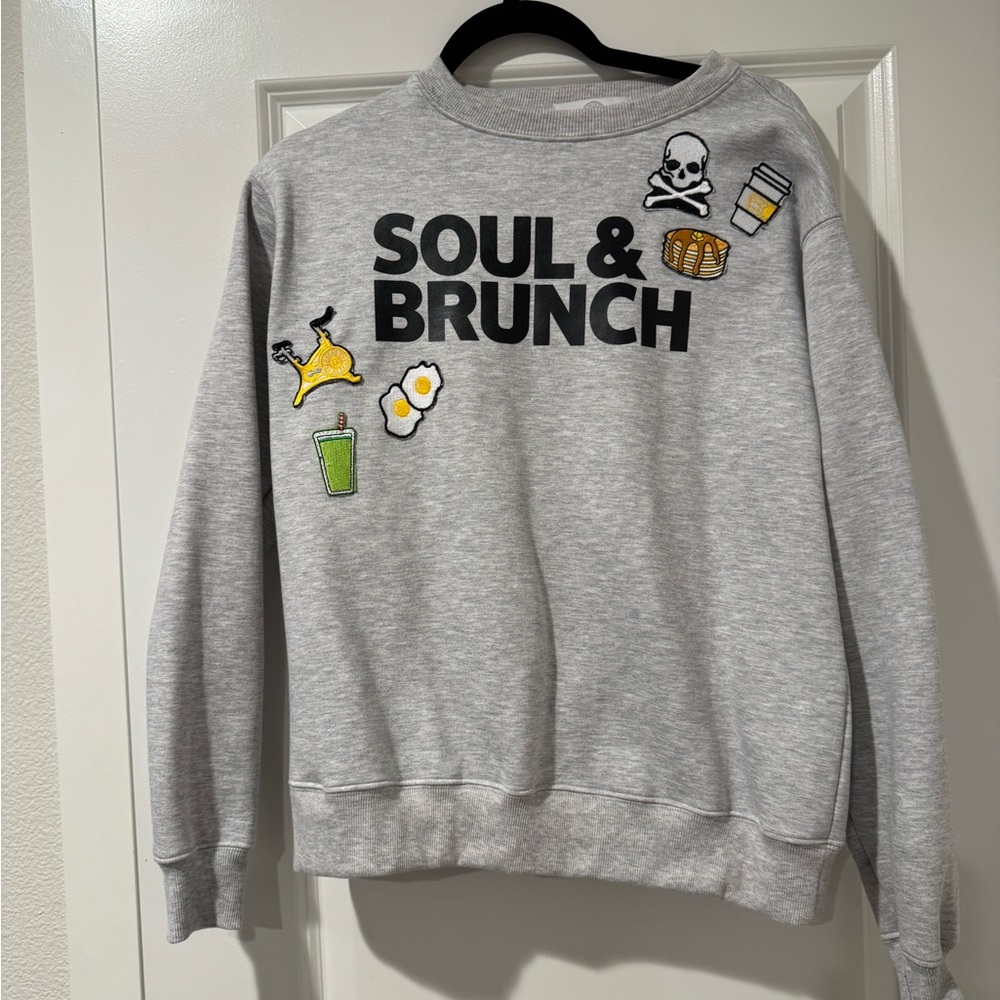 SoulCycle Gray Crewneck Sweater with Fun Patches
